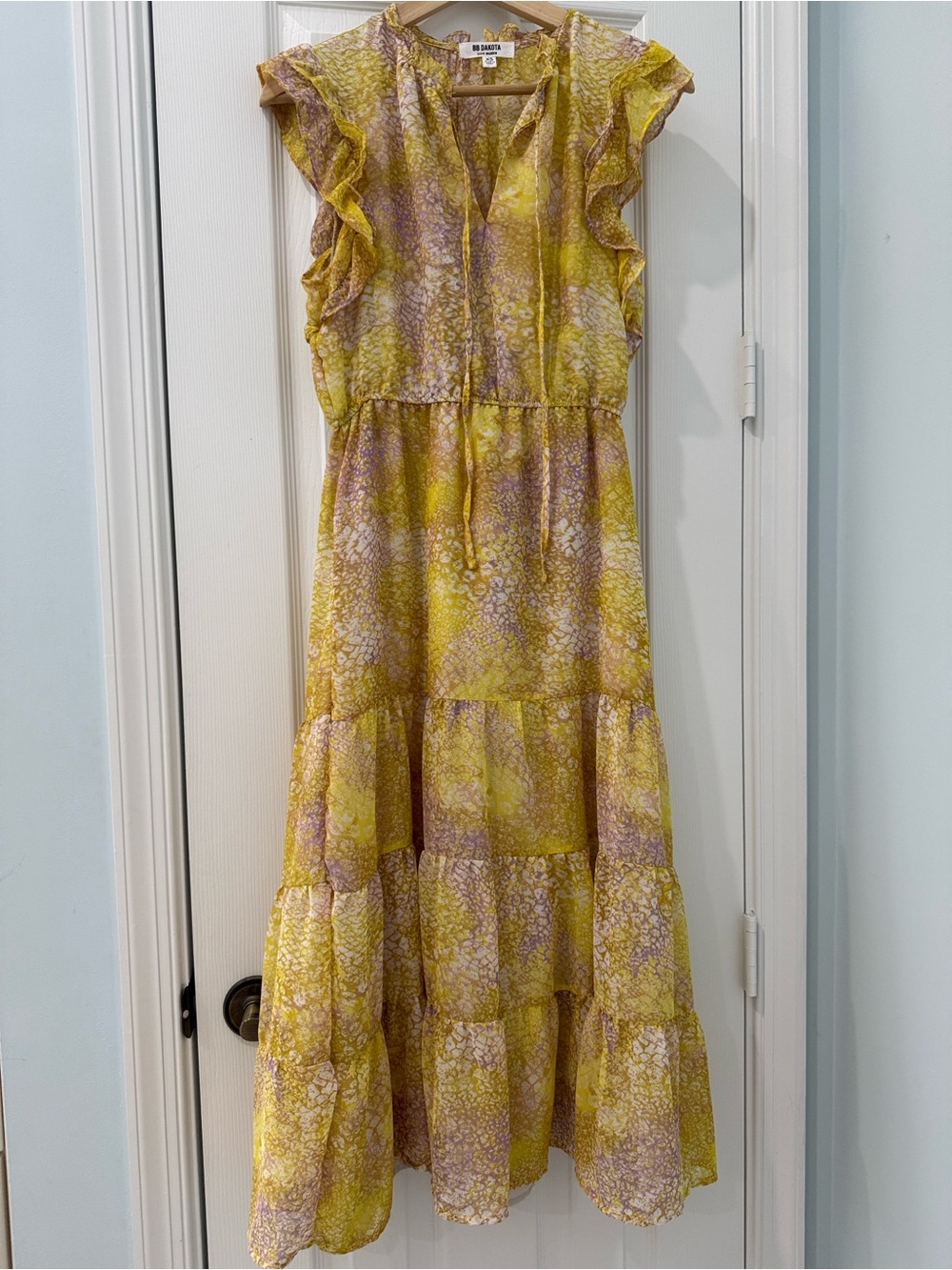 BB Dakota Yellow and Lavender Floral Ruffle Midi Dress